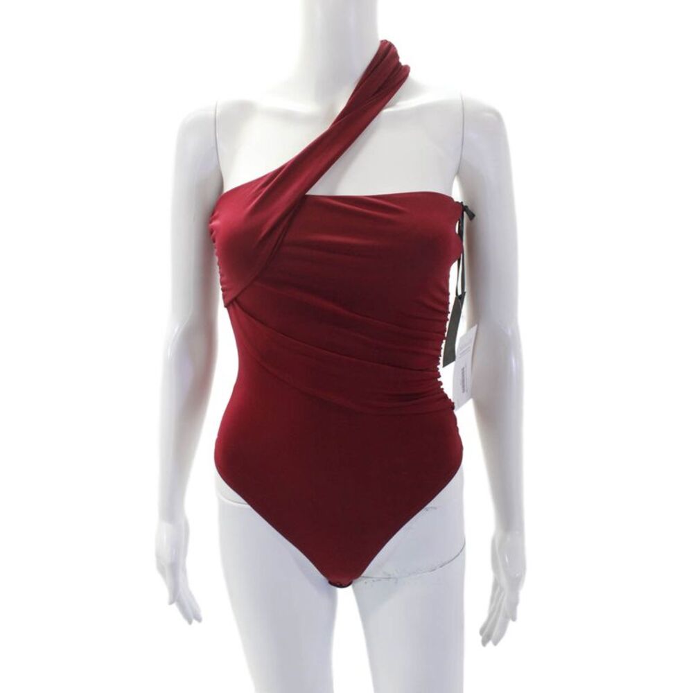 Hours Womens One Shoulder Ruched Button Bottom Bodysuit Red Size 2XS